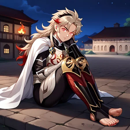 masterpiece, best quality, sharp aliasing, highly detailed, 1male, male body, male,EPfeCorrin, white cape with flames, armour, black gloves, black pants, wearing pants, outdoors, stone tiled ground, buildings, night, barefoot, toeless legwear, armoured legwear, shin armour, leg armour, leg and shin amour, stirrup legwear, black stirrups, 5 toes, Quality, High Definition, Full body view, solo, rengoku kyojuro, forked eyebrowns, long hair, two-tone hair, multicolored hair, red eyes, red eyes, pointy ears, sword, red toenails, dirty feet, glowing eyes, sitting, side view