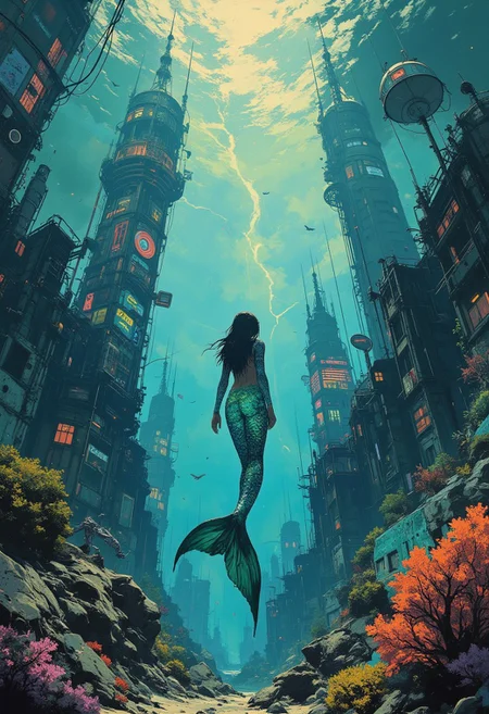 A breathtaking Image and Nature, Picturesque underwater city, ((a mermaid swimming in full glimmering appearance)) towards the city, under the water, from behind,coral,an amazing view of the surrounding buildings rising out of the ground, rich and complex oil painting of sounds, a living tapestry woven from the hues and textures captured by a digital, best quality, double exposure, realistic, whimsical, fantastic, splash art, intricate detailed, hyperdetailed, maximalist style, psychedelic, post-apocalyptic, photorealistic, concept art, sharp focus, harmony, serenity, tranquility, mysterious glow, ambient occlusion, halation, cozy ambient lighting, dynamic lighting,masterpiece, liiv1, linquivera, metix, mentixis, excellent composition, finest details, highest aesthetics, strong muted Highlighter of the turquoise ocean around, Blue hue, mystical glowing, best quality sharp focus, high contrast, stylized, clear, colorful, surreal, ultra quality, 8k, best quality, a breathtaking masterpiece, award winning, DB4RZ, DB4RZ style painting, NeoPigma, in the style of cksc, anime, cyberpunk