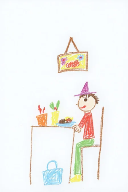 The image is a simple, colorful drawing. It depicts a whimsical scene of the profile a child with a , round head, and a pointed hat sitting on a chair at a table. There are some food on the table. There is a blue handbag on the floor. There is a picture hanging on the wall. <lora:5yocrayon1_cap_d6a3e12:1.0><lora:822099333928391578:0>