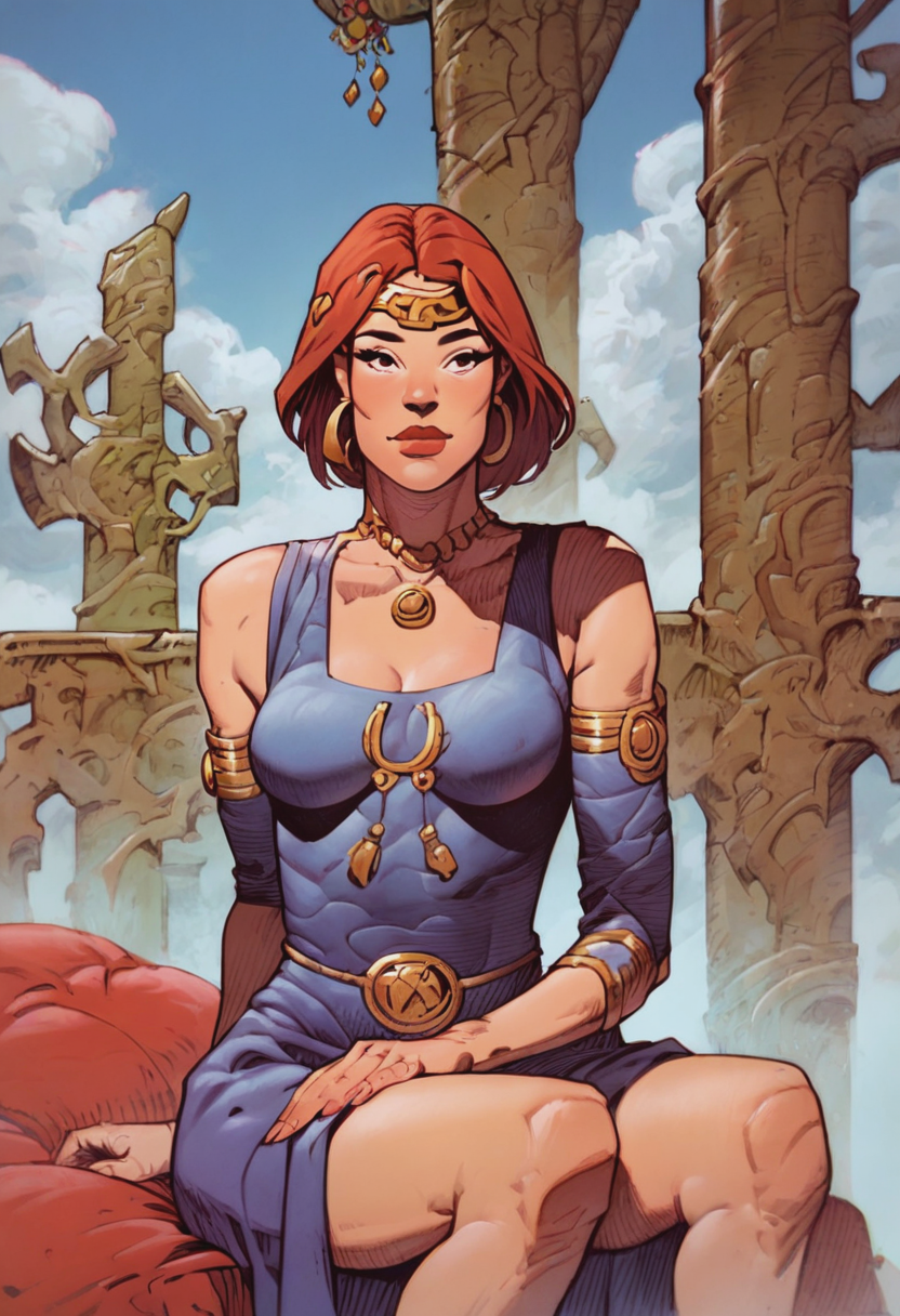 source_cartoon, highres, high_detail, western_comics_(style), score_9, score_8_up, score_7_up, 1girl, solo, Sitting with hands in the lap, fisheye, cropped legs, rating_safe, <lora:sdxl\pony diffusion\artist_styles\caza_pony:1.0>