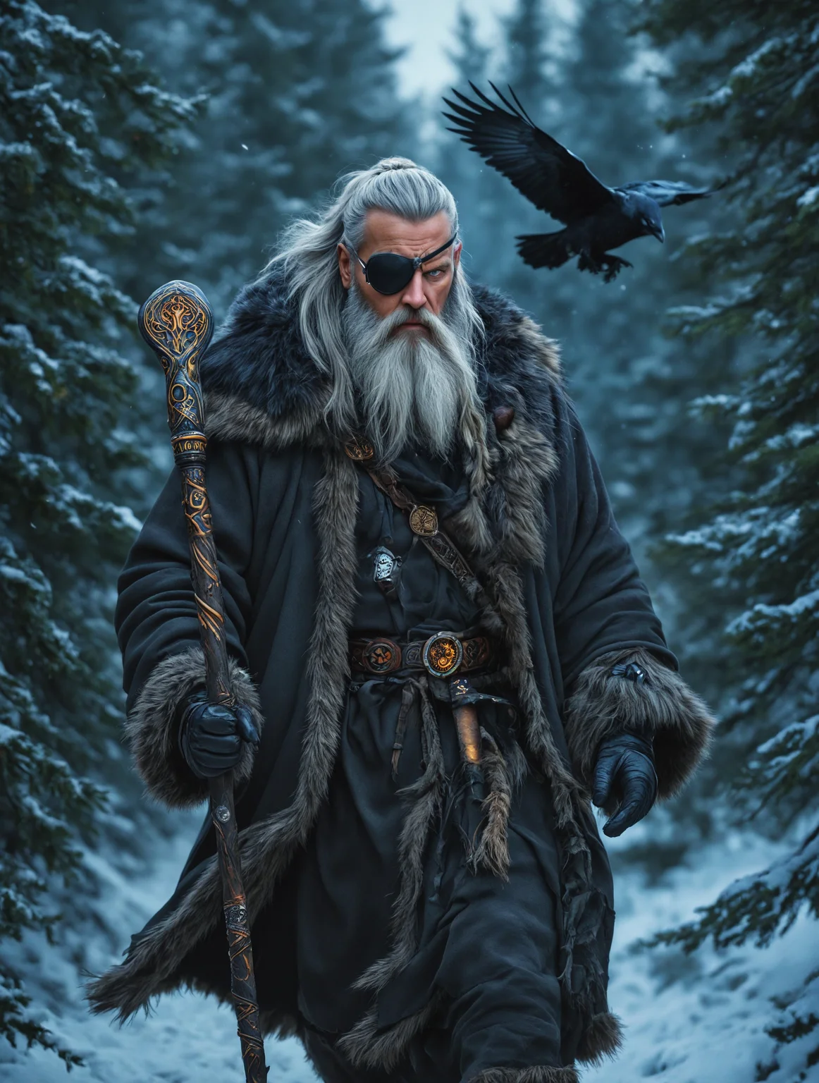 breathtaking detailed, masterpiece, absurdres, awe-inspiring, best quality, vibrant colors, nbn-odin, male focus, facial hair, eye patch, belt, staff, grey hair, grey beard, odin, man, fur robe, robe, raven, runic staff, wanderer, full body, forest, pine trees<lora:sdxl_NBN-Odin.safetensors:0.8:0.8>