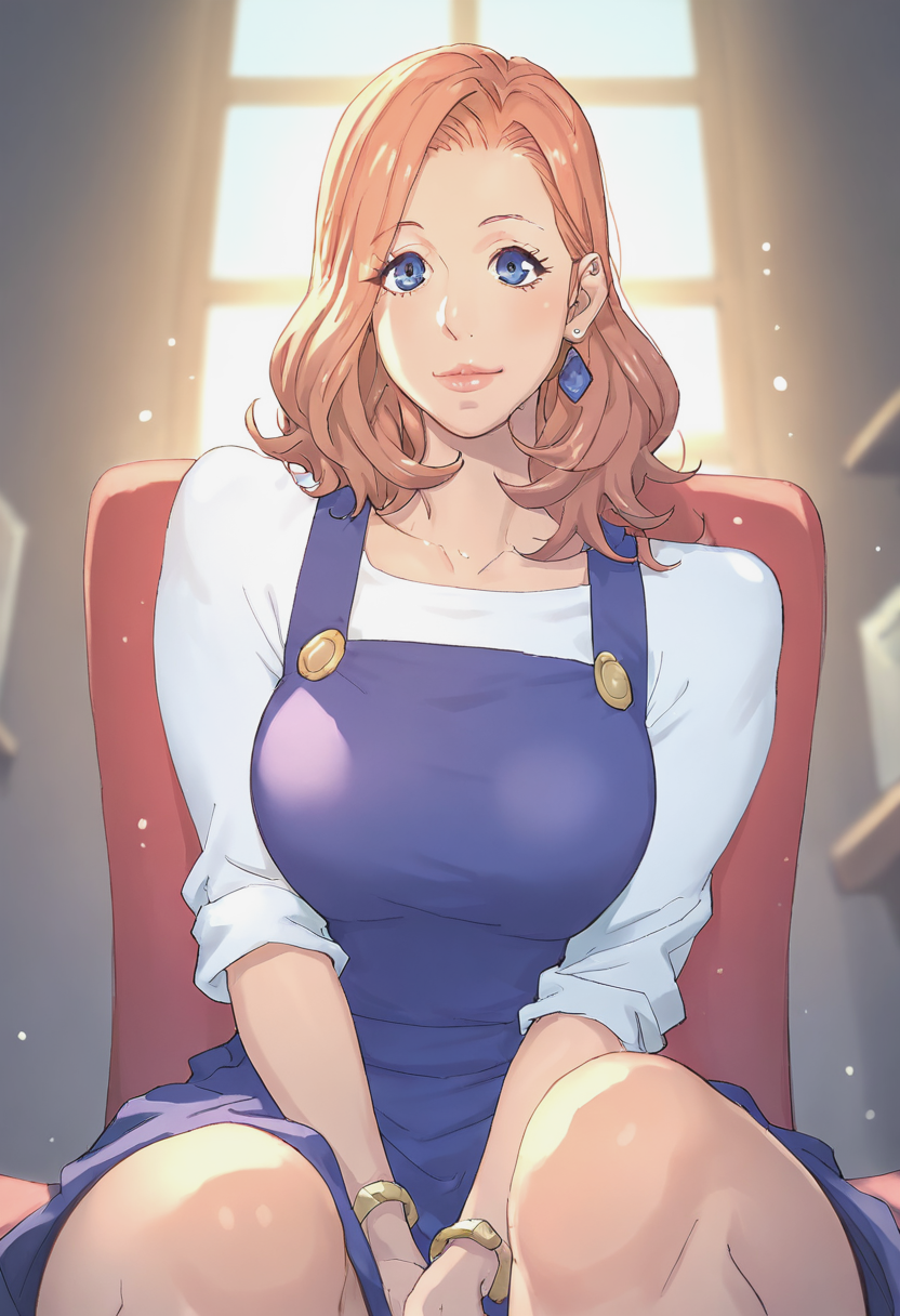 score_9, score_8_up, score_7_up, 1girl, mature_female, large_breasts, portrait, solo, Sitting, pretending to hold a small kitten, pov, (Blue-violet happi), Strawberry Blonde hair, wide_shot, rating_safe, <lora:pony\artist_styles\kotoyoshi_yumisuke_pony:1.0>