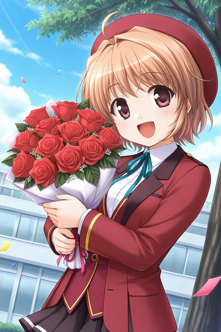 masterpiece, best quality, absurdres, official art, official style, rating general BREAK <lora:yuukikanade_IL_v1-1:0.7>, yuuki kanade, bouquet, flower, 1girl, brown eyes, solo, red eyes, ahoge, light brown hair, short hair, small breasts,
beret, red headwear, school uniform, winter uniform, blazer, red jacket, open jacket, red vest, long sleeves, neck ribbon, white shirt, collared shirt, aqua ribbon, black skirt, miniskirt, pleated skirt, looking back, hand up, waving, holding bouquet, bouquet, red rose, blush, open mouth, :d, happy, outdoors, day, dutch angle, tree, confetti, cloud, looking at back, (close-up:1.2), (from above:1.2)
