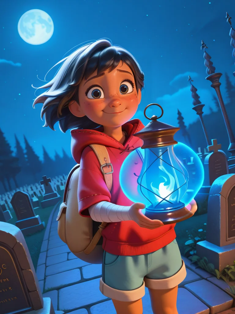 DisneyStudioXL, cinematic, cartoon,
freckles, big backpack, black hair, hood, looking at viewer, dynamic angle, cowboy shot, cute, dynamic pose, smile, blush, wide shot, cute eyes, magic vibes, bangs, floating hair, outdoors, child, shorts, bandages, dark skin, cemetery, skulls, graveyard, night, moon, scared, red hood, from above, holding a lantern,
<lora:DisneyStudios_style-12IL:1>