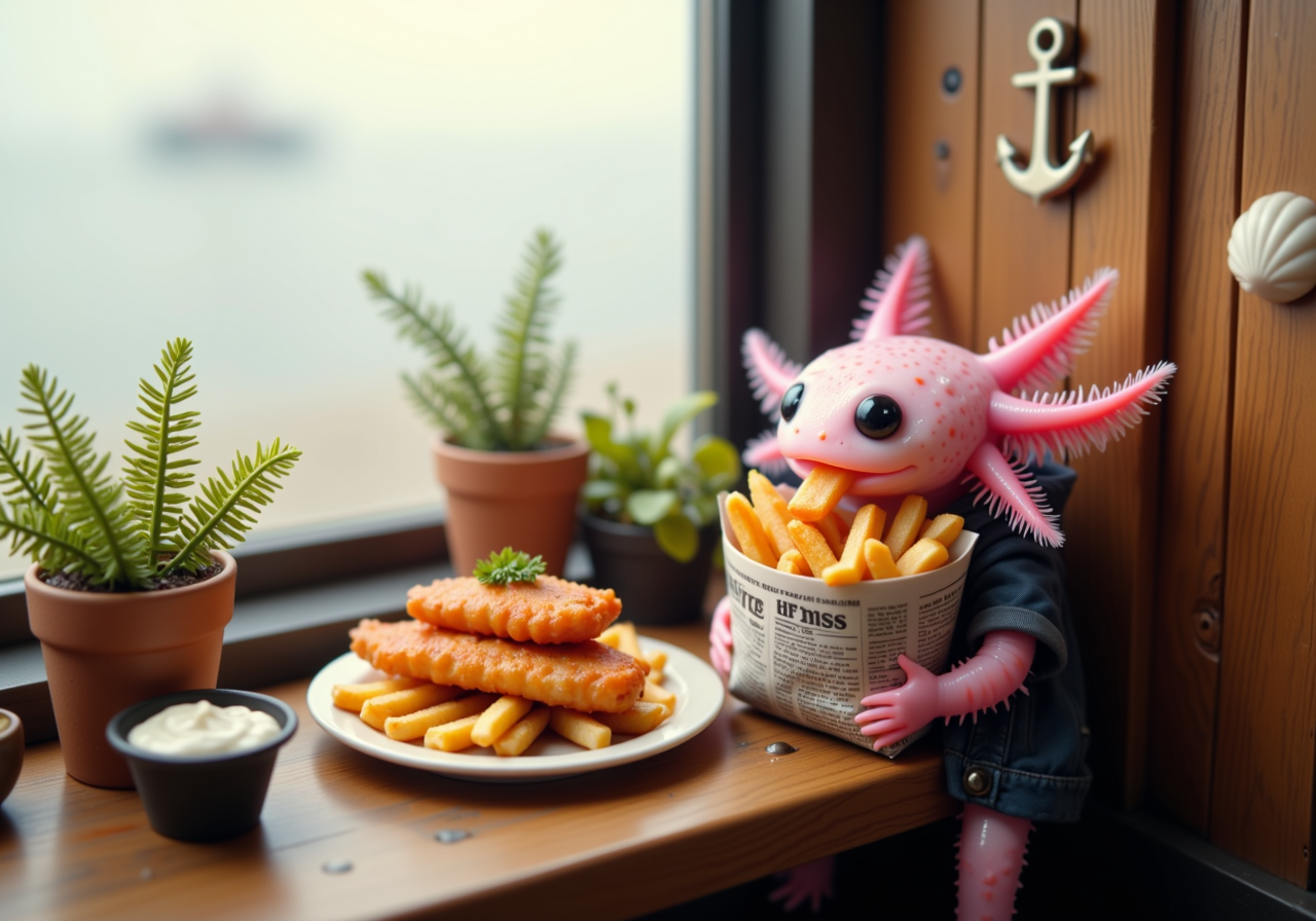 wide angle top down tilt shift image of anthropomorphized axolotls with pink frilly gills, side view of a pink axolotl in a cozy seaside cafÃ©, seated by a foggy window and enjoying a mini plate of fish and chips wrapped in newspaper; its round black eyes reflect the soft, misty light outside, and its frilly gills sway gently as it dips a fry into a small cup of tartar sauce; the wood-paneled walls and nautical decor like mini anchor hooks and seashells create a coastal ambiance, with the tilt-shift effect softly blurring the background, capturing the serene feel of a seaside retreat<lora:Axomodel_Flux_V2.safetensors:0.85:0.85>