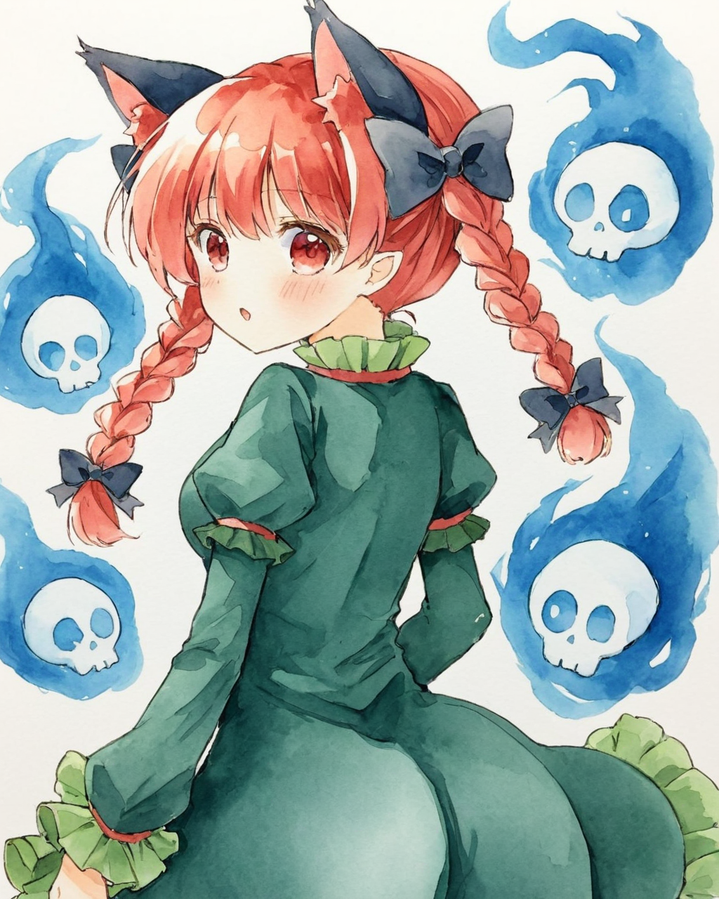 kaenbyou rin,1girl, solo, twin_braids, traditional_media, hair_bow, open_mouth, :d, blue_fire, looking_at_viewer, black_bow, juliet_sleeves, blush, skull, looking_back, hitodama, rose, watercolor_\(medium\), green_dress, white_background, simple_background, frills, painting_\(medium\)
<lora:kaenbyou_rin_image6792_2023-12-20:1>,star-shaped_pupils,symbol-shaped_pupils,. gorgeous,key visual, vibrant, studio anime,award-winning, professional, highly detailed,high budget, cinemascope