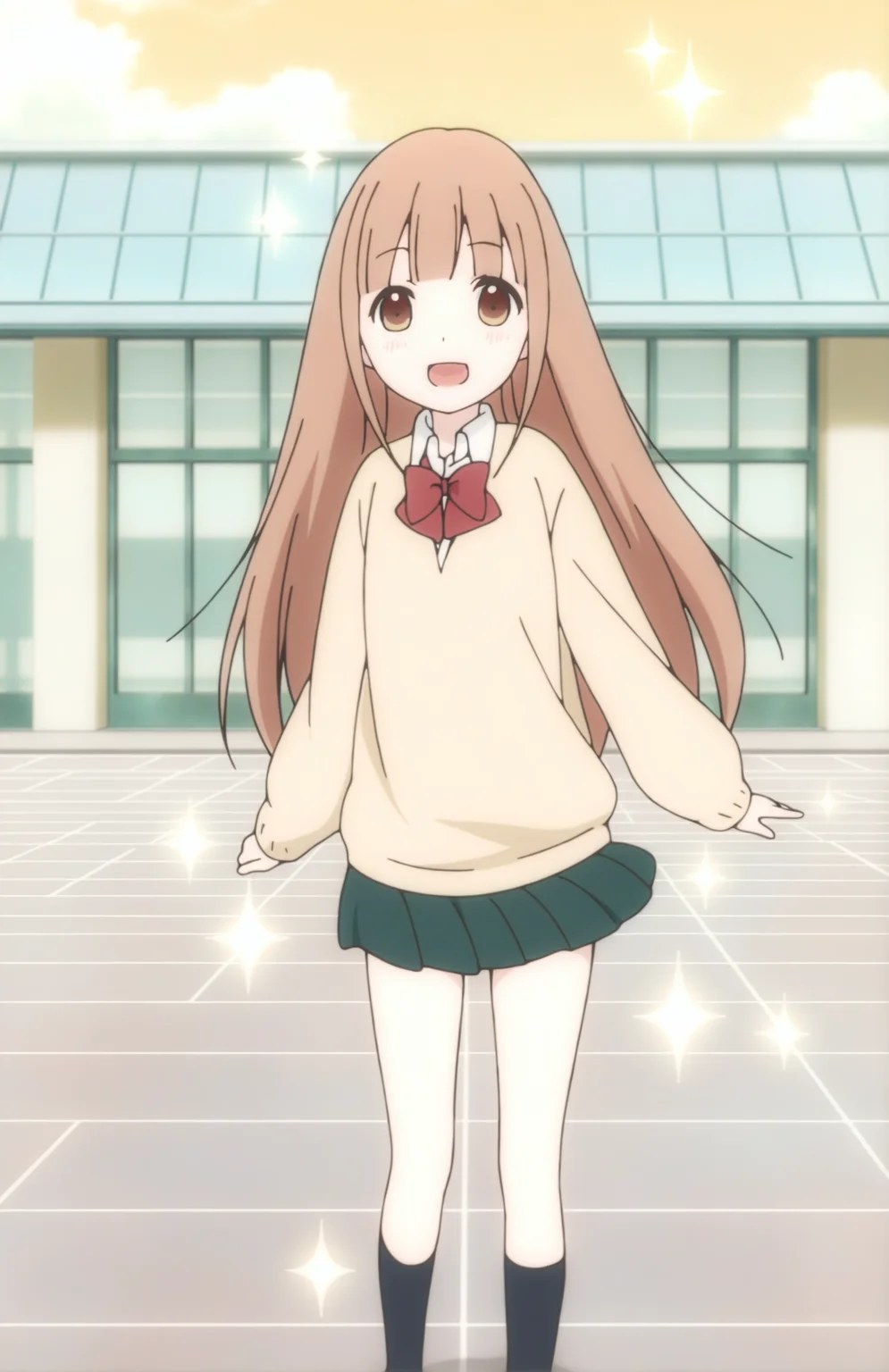 MiyanoTan, 1girl, solo, long hair, brown hair, brown eyes, school uniform, beige top, bow, green skirt, socks, front view, school, roof, :d, sparkle