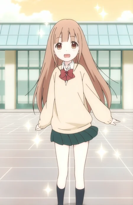 MiyanoTan, 1girl, solo, long hair, brown hair, brown eyes, school uniform, beige top, bow, green skirt, socks, front view, school, roof, :d, sparkle