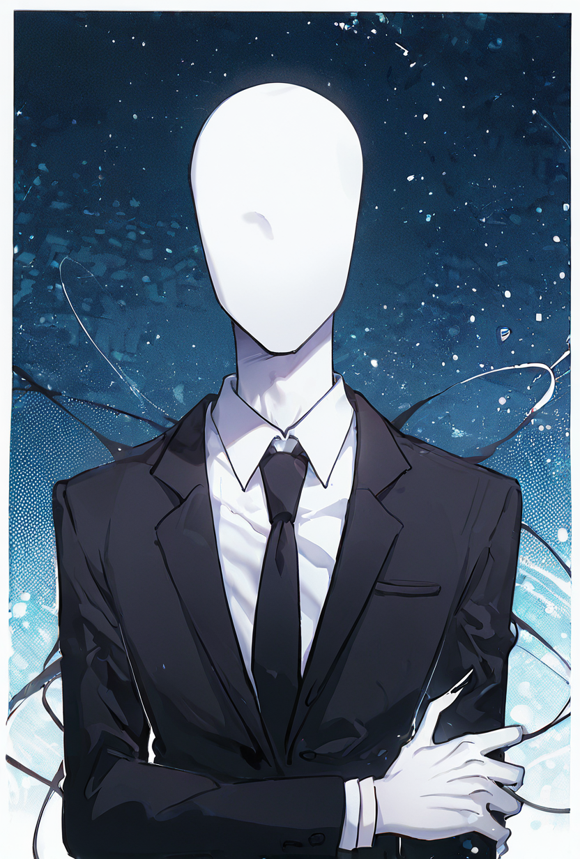looking at viewer, expressive,   posing,    <lora:slenderman-10:1> slenderman, necktie, formal, 1boy, solo, faceless, , white hands  <lora:WSSKX_WAI:1>, masterpiece, best quality, amazing quality, very aesthetic, absurdres, newest,, upper body, halftone effect, white borders, abstract background:1.2,