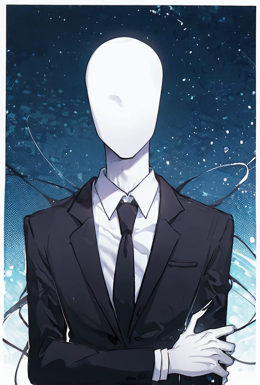 looking at viewer, expressive, posing, <lora:slenderman-10:1> slenderman, necktie, formal, 1boy, solo, faceless, , white hands <lora:WSSKX_WAI:1>, masterpiece, best quality, amazing quality, very aesthetic, absurdres, newest,, upper body, halftone effect, white borders, abstract background:1.2,