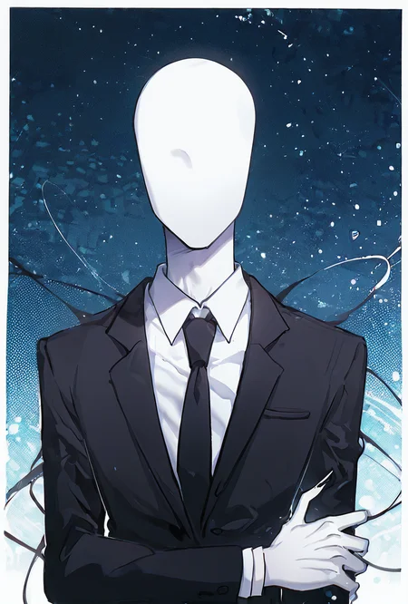 looking at viewer, expressive, posing, <lora:slenderman-10:1> slenderman, necktie, formal, 1boy, solo, faceless, , white hands <lora:WSSKX_WAI:1>, masterpiece, best quality, amazing quality, very aesthetic, absurdres, newest,, upper body, halftone effect, white borders, abstract background:1.2,