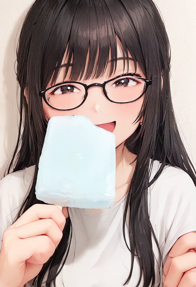 masterpiece, best quality, very aesthetic, absurdres,
garigarikun, 1girl, solo, glasses, straw hat, sundress, black hair, long hair, holding food, holding, looking at viewer, happy, smile,
food, eating,
 <lora:garigarikun_SDXL_V1:1>