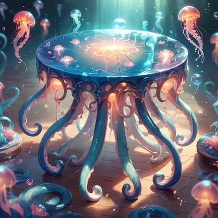 score_9,score_8_up,score_7_up,
jellyfishstyle,table,solo,glowing,tentacles,light particles, bubble,
, <lora:jellyfish-pony:0.8>,