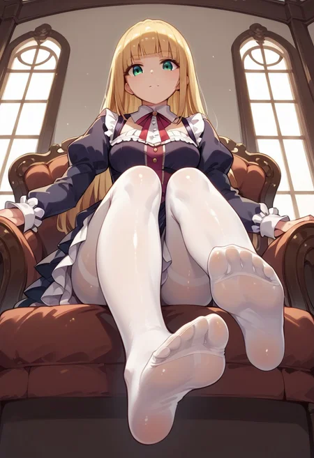 score_9, score_8_up, score_7_up, 1girl, shiny skin,no nsfw, white tights, dynamic pose, (soles), sitting, armchair, Victorian furniture , windows, chiaroscuro, side lighting, (((from below))), foreshortening,1girl,Sana Kashimura