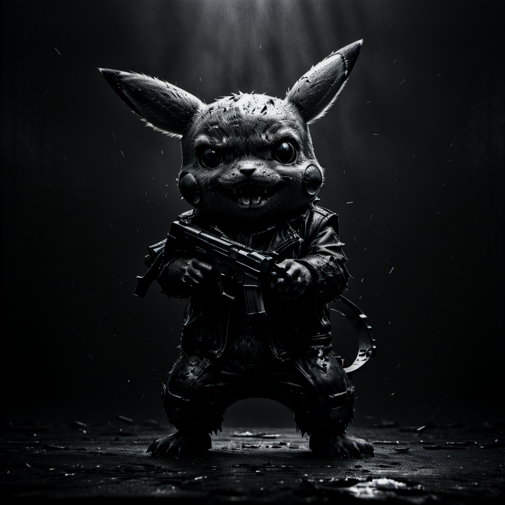 cinematic dark monochrome photo dark and gritty artwork in a realistic style, portraying Pikachu transformed into a gruesome Terminator. Incorporate metallic enhancements, jagged edges, and a menacing demeanor, holding guns, <lora:Into_Darkness:1> , <lora:JuggerCineXL2:1>