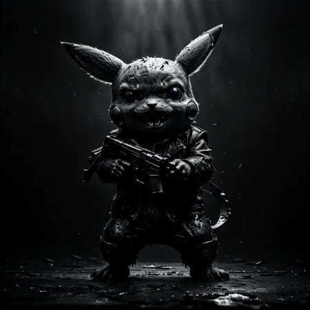 cinematic dark monochrome photo dark and gritty artwork in a realistic style, portraying Pikachu transformed into a gruesome Terminator. Incorporate metallic enhancements, jagged edges, and a menacing demeanor, holding guns, <lora:Into_Darkness:1> , <lora:JuggerCineXL2:1>