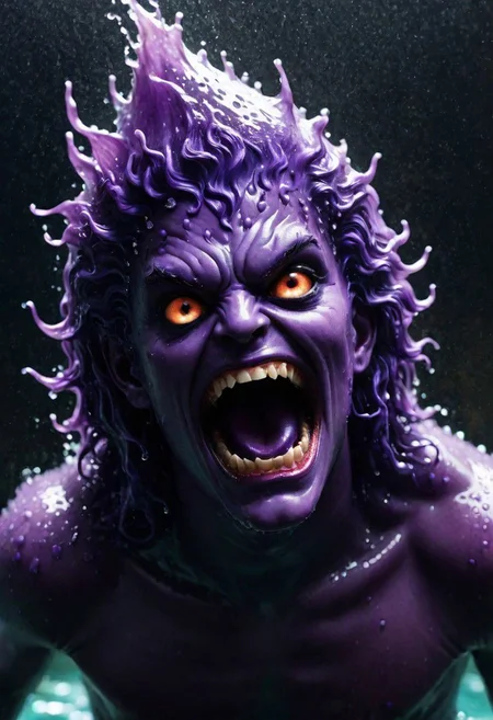 , The play of light on their hair and face, adds a touch of horror turning ordinary droplets into a symphony of aquatic terror, dancing in the realm where water meets its domonic appocalypse , awesome full color, full-body angle, purple DEVIL SPAWN