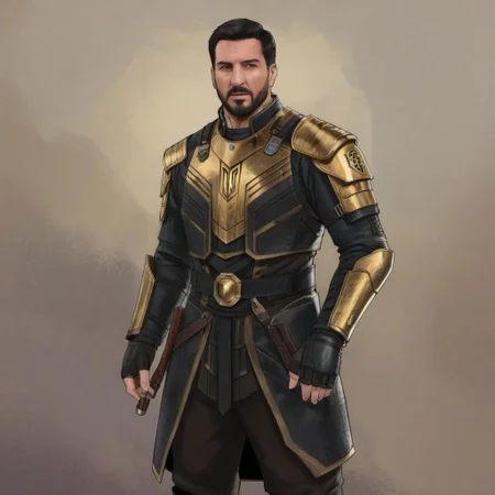 ASCIIa comic book illustration of a male syndicate leader, wearing a long black and gold coat with black reflective armor