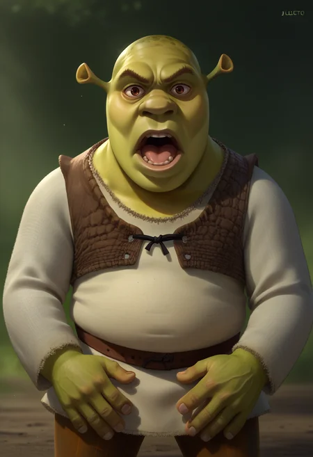 score_9, score_8_up, score_7_up, source_anime, 1boy, solo, JustDoItMeme, open mouth, looking at viewer, parody, <lora:JustDoIt_XLPD:1>, <lora:Shrek_XLPD:1> shrek, green skin, cowboy shot,