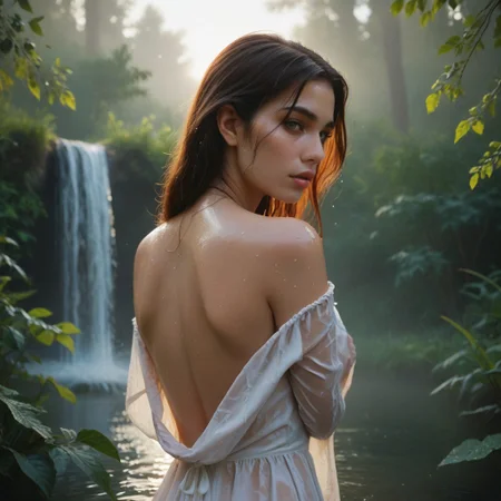 score_9, score_8_up, score_7_up,1girl, madlynpryr, sexy, upper body, back, looking at viewer, self-hugging, wet sexy dress, parted lips, in water, small water fountain, in the middle of the forest, fog, morning,