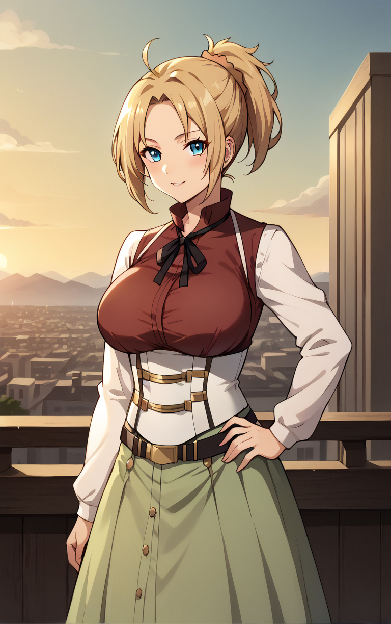 score_9, score_8_up, score_7_up, BREAK
WhiteSleeves_ZenithGreyrat_ownwaifu, 
1girl, blonde hair, blue eyes, hair pulled back, medium hair, parted bangs, short ponytail, sidelocks,  large breasts, long hair, scrunchie,
belt, black ribbon, green skirt, long skirt, underbust, white corset, white sleeves, shirt, neck ribbon, long sleeves, vest, skirt, corset, red shirt, ribbon, turtleneck, crop top,
(contrapposto, hand on hip), sunset, sidelighting, cityscape, vanishing point, outdoors, <lora:PONYXL_MushokuTensei_ZenithGreyrat_ownwaifu:1> , depth of field, solo,