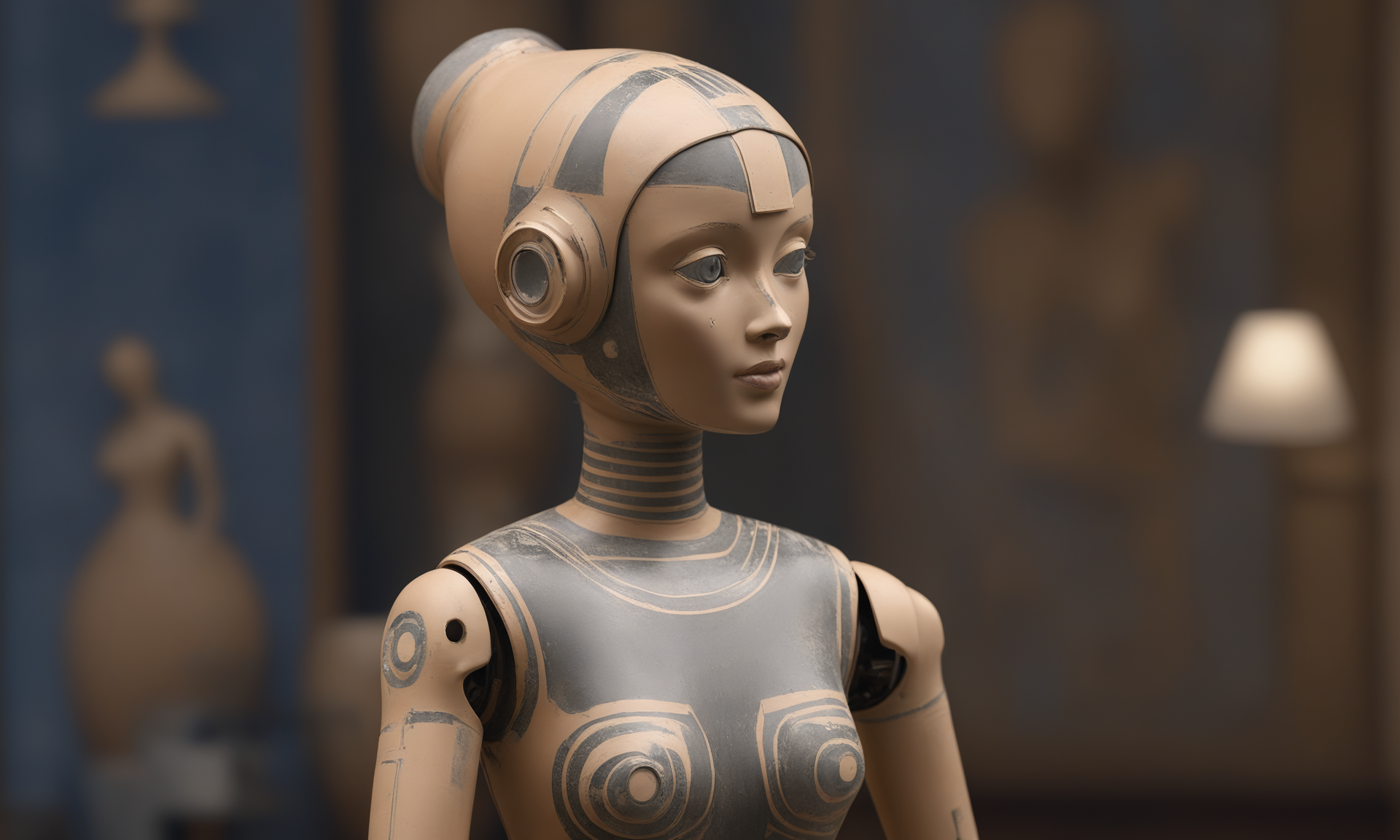 <lora:paintedpotterycd_xl-000004:0.7>,a female robot puppet made of (paintedpotterycd_xl,painted pottery:1.3),(solo:1.3),upper body,no humans,still life,humanoid robot,cute,cutie,indoors,front view,facing viewer,looking at viewer,fine art,(Unbelievable Digital Artwork:1.3),CGSociety,ArtStation,master works, 8K, HDR, UHD, masterpiece, best quality, highly detailed, high resolution, finely detail, extremely detailed, ultra detailed, wallpaper