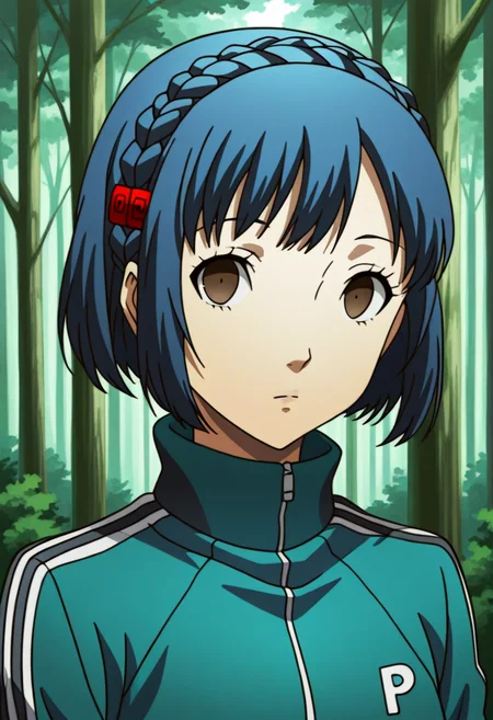 1 girl, solo, cute face,
p4aika, short hair, blue hair, hair ornament, crown braid,
track jacket, jacket,
looking at viewer, expressionless,
outside, forest,
masterpiece, best quality, ultra detailed,