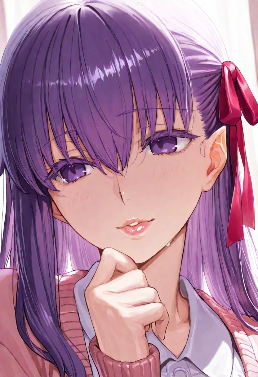 1girl, Matou Sakura \(fate\),, adult woman, masterpiece, pink cardigan, a white shirt, hand up, violet hair, long hair, red-pink ribbon on the left side of hair, pointy ears, luscious lips, lip gloss, portrait, colored eyelashes, backlighting, violet eyes, goddess, glossy skin, ,hires,best quality, very aesthetic,absurdres,score_9, score_8_up, score_7_up, score_6_up, score_5_up, score_4_up, (hyper extreme detailed), (hyper quality), game CG, (colour:1.2),(from side:0.7)