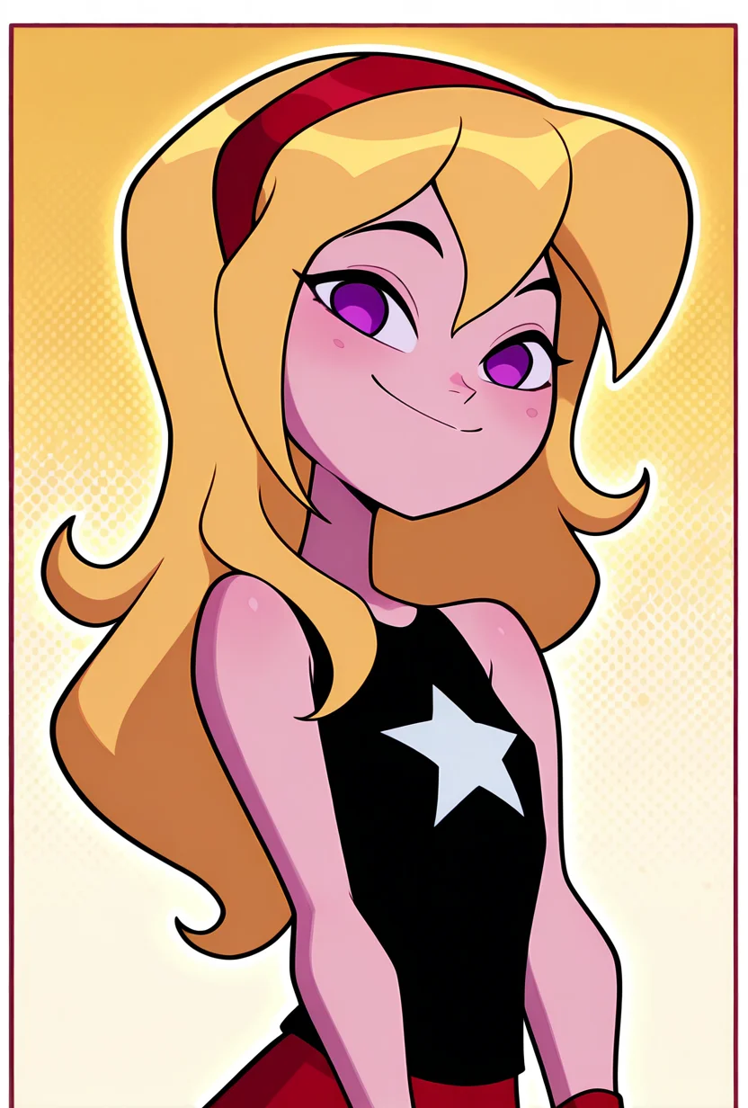 ((cartoon, screencap, )) <lora:lucysmall:1> lucysmall, solo, long hair, blonde hair, red hairband, black shirt, sleeveless, flat chest, star (symbol), purple eyes , tank top, wristband, miniskirt, red skirt, dynamic pose, looking at viewer, smile,, masterpiece, best quality, amazing quality, very aesthetic, absurdres, newest,, upper body, halftone effect, white borders, abstract background:1.2,