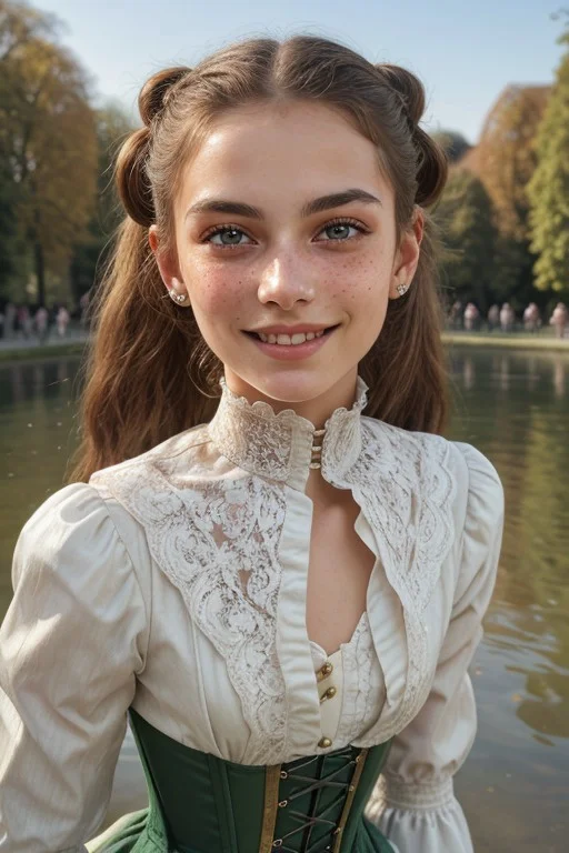 an extremely delicate and beautiful 18yo German girl, young, black hair caught in a bun, golden hairnet with pearls, lightly disheveled hair, strolling through the Englischer Garten in Munich, perky breasts, seductive smile, looking sideways at viewer, happy, pigtails, freckles, (natural detailed skin texture:1.1), (moles, abs:0.7), playful, happy, head tilted sideways, perfect white teeth, (white teeth),soft, volumetric light, extremely detailed, intricate detailed victorian long blue and green dress, white lace blouse, with underbust corset laced with golden straps, deep cleavage, subsurface scattering, pokies, covered nipples, remarkable color, ultra realistic, textured skin, remarkable detailed pupils, realistic dull skin noise, visible skin detail, skin fuzz, dry skin, bokeh, sharp focus on subject, (extremely detailed face, beautiful eyes, detailed eyes, symmetric eyes, seductive eyes, slim face:1.3),