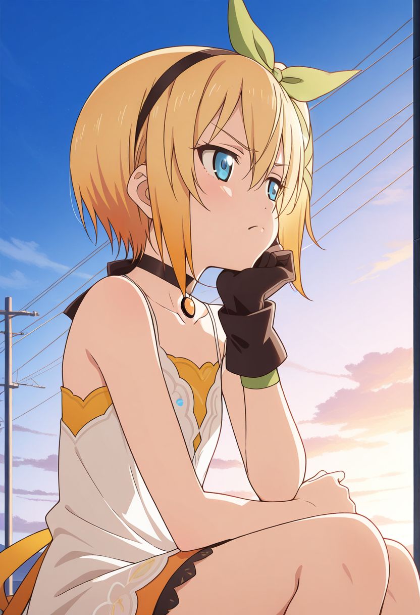 detailed eyes, beautiful, detailed background, perfect eyes,
source_anime, very aesthetic, anime coloring,
<lora:HandFineTuning_XL:1>
BREAK,
outdoor, 
cowboy shot, flat chest, sitting, hand on chin, annoyed, frown, looking away,
BREAK,
<lora:edna_illustrious_v01:0.9>
ednabase, short hair, blonde hair, multicolored hair, orange hair, blue eyes, hair between eyes, bow hairband, hair bow, hair ribbon, side ponytail,
white dress, sleeveless dress, single glove,