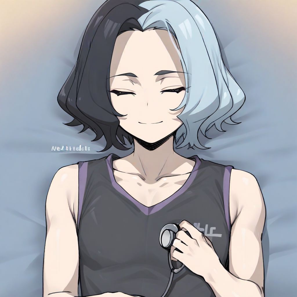masterpiece, best quality, aesthetic, high quality, solo, lying, smile, 1boy, male focus, short hair, white hair, black hair, two-tone hair, multicolored hair, closed eyes, smile, tank top, black shirt, collarbone, sleeveless, stethoscope, holding stethoscope, hand on own chest, heartbeat, self_steth, holding, calm,