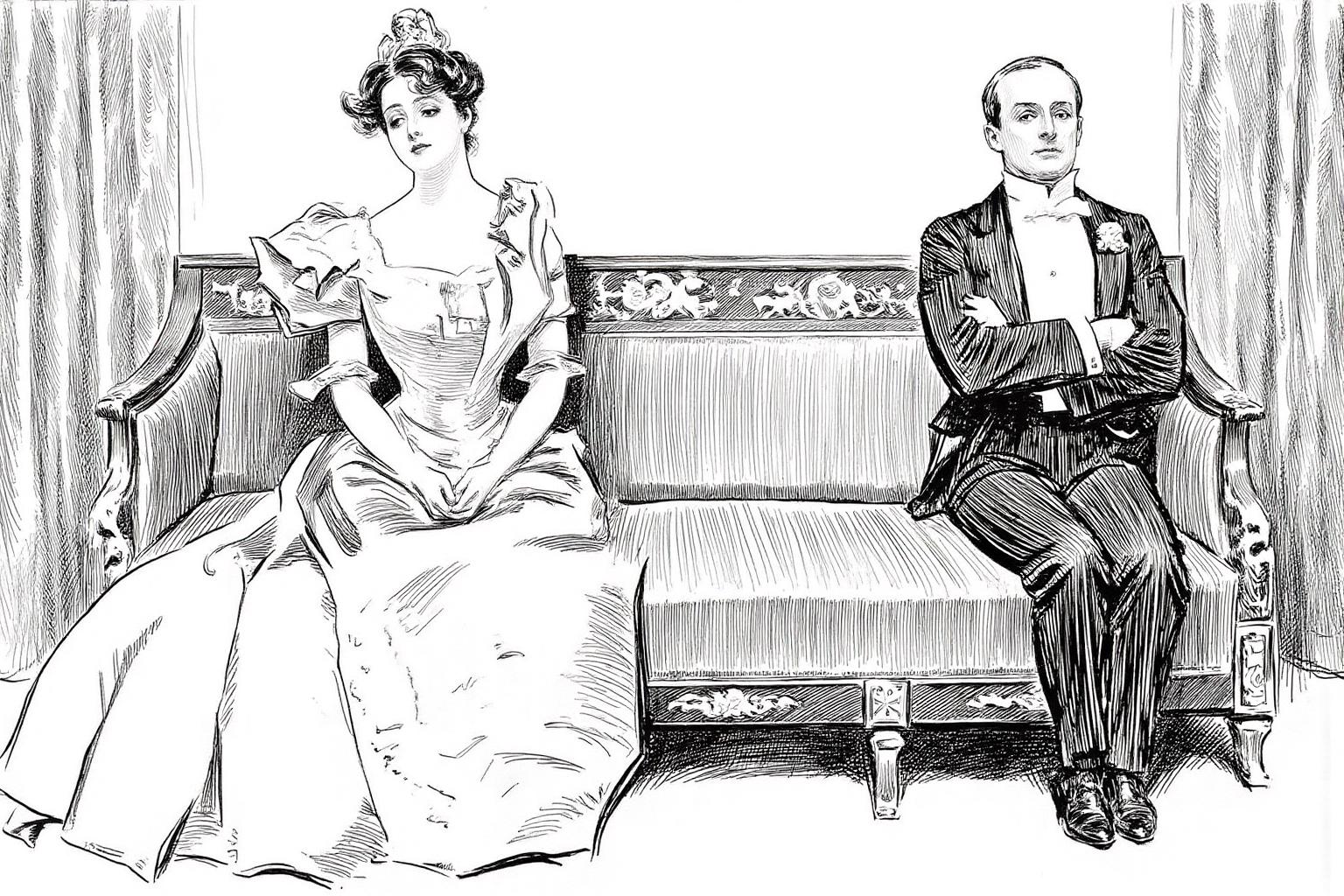 charlesdgibson1 illustration.
Two people are seated on an ornately carved wooden sofa with a plush, upholstered cushioned seat and backrest. The woman on the left is dressed in an elegant, high-waisted gown with a fitted bodice and voluminous skirt, adorned with intricate details and a flowing train. The man on the right sits stiffly with his arms crossed, gazing into the distance. <lora:charlesdgibson1_cap_d8a4:1.0><lora:839946486411255720:0>