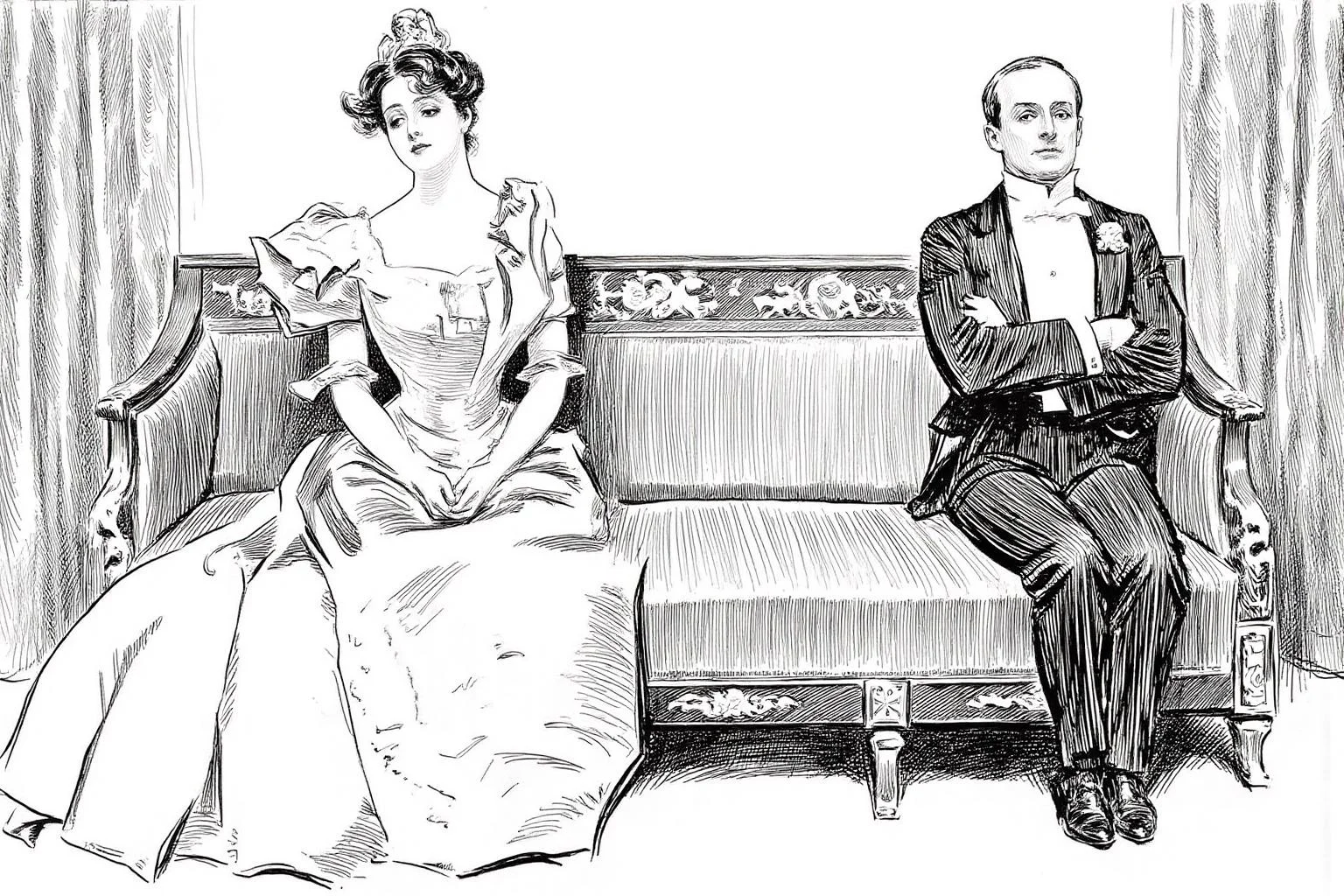 charlesdgibson1 illustration.
Two people are seated on an ornately carved wooden sofa with a plush, upholstered cushioned seat and backrest. The woman on the left is dressed in an elegant, high-waisted gown with a fitted bodice and voluminous skirt, adorned with intricate details and a flowing train. The man on the right sits stiffly with his arms crossed, gazing into the distance. <lora:charlesdgibson1_cap_d8a4:1.0><lora:839946486411255720:0>