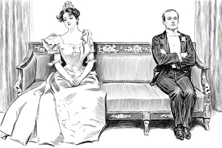 charlesdgibson1 illustration.
Two people are seated on an ornately carved wooden sofa with a plush, upholstered cushioned seat and backrest. The woman on the left is dressed in an elegant, high-waisted gown with a fitted bodice and voluminous skirt, adorned with intricate details and a flowing train. The man on the right sits stiffly with his arms crossed, gazing into the distance. <lora:charlesdgibson1_cap_d8a4:1.0><lora:839946486411255720:0>