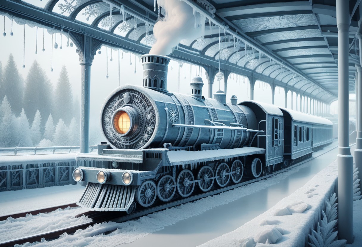 score_9, score_8, score_7, 1ce, ice, train, steam locomotive, smoke, steam, snowflakes