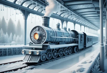 score_9, score_8, score_7, 1ce, ice, train, steam locomotive, smoke, steam, snowflakes
