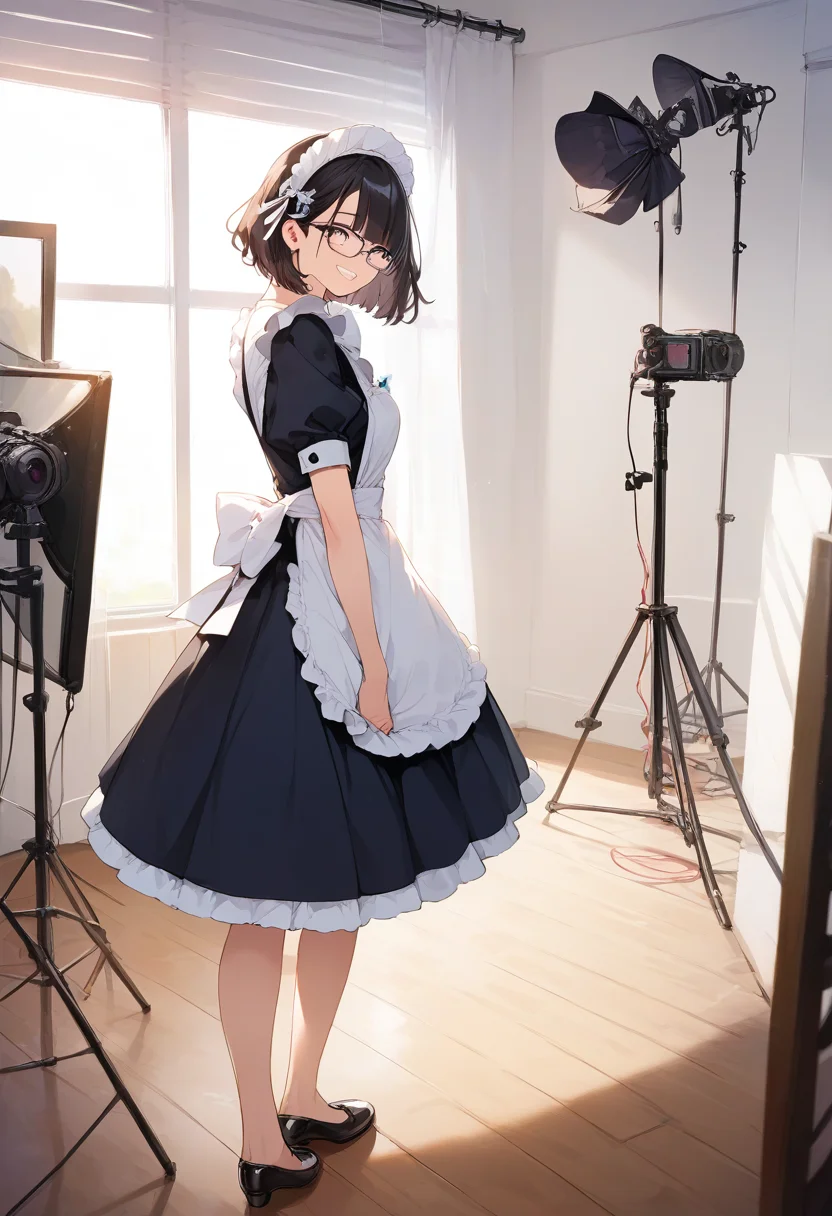 score_9, score_8_up, score_7_up, rating_safe, masterpiece, best quality, absurdres, unity 8k wallpaper, official art, official style, source_anime, uncensored, game cg, megami magazine,
1girl, solo, glasses, black hair, medium hair, maid dress, black dress, maid apron, maid headdress, standing, smile, happy, looking at viewer,
photostudio, shooting light, indoors, camera, chair, cyclorama, white cyclorama
<lora:photostudio_pony_V2:1>