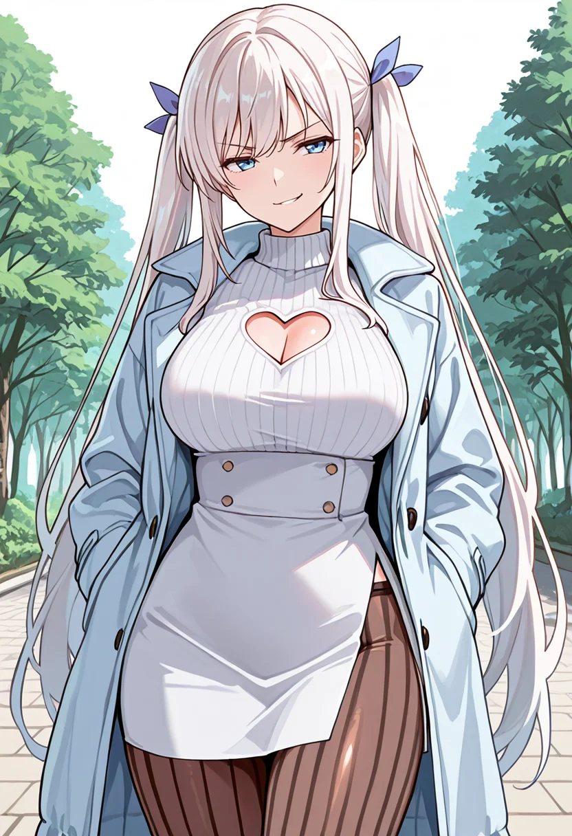 masterpiece,high quality details,
outdoors,
<lora:Komako_Semenovich:0.8> komako_cnr, 1girl, white hair, very long hair, twintails, blue eyes,sidelocks, hair ribbon,(aged up:1.2), (mature female:1.1),, smirk,angry,, heart cutout,coat ,side slit pantyhose,,vertical-striped pantyhose,
