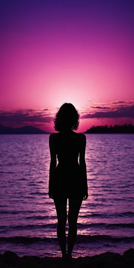 Woman's back,silhouette,pink and purple sky,sunset,serene,warm,surrealism style,high contrast,high definition photography,<lora:HMSGåªå½±XL-000001:0.8>,