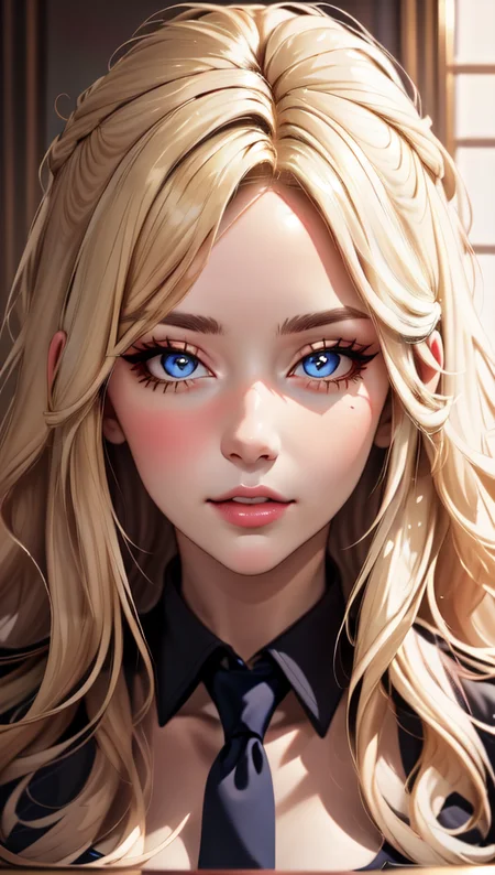 masterpiece, best quality, 1girl, <lora:big_hair-1.0:1.4> big hair , tied hair, blonde hair, long eyelashes, indoors, necktie, portrait, close-up, parted lips, thick lips, face focus