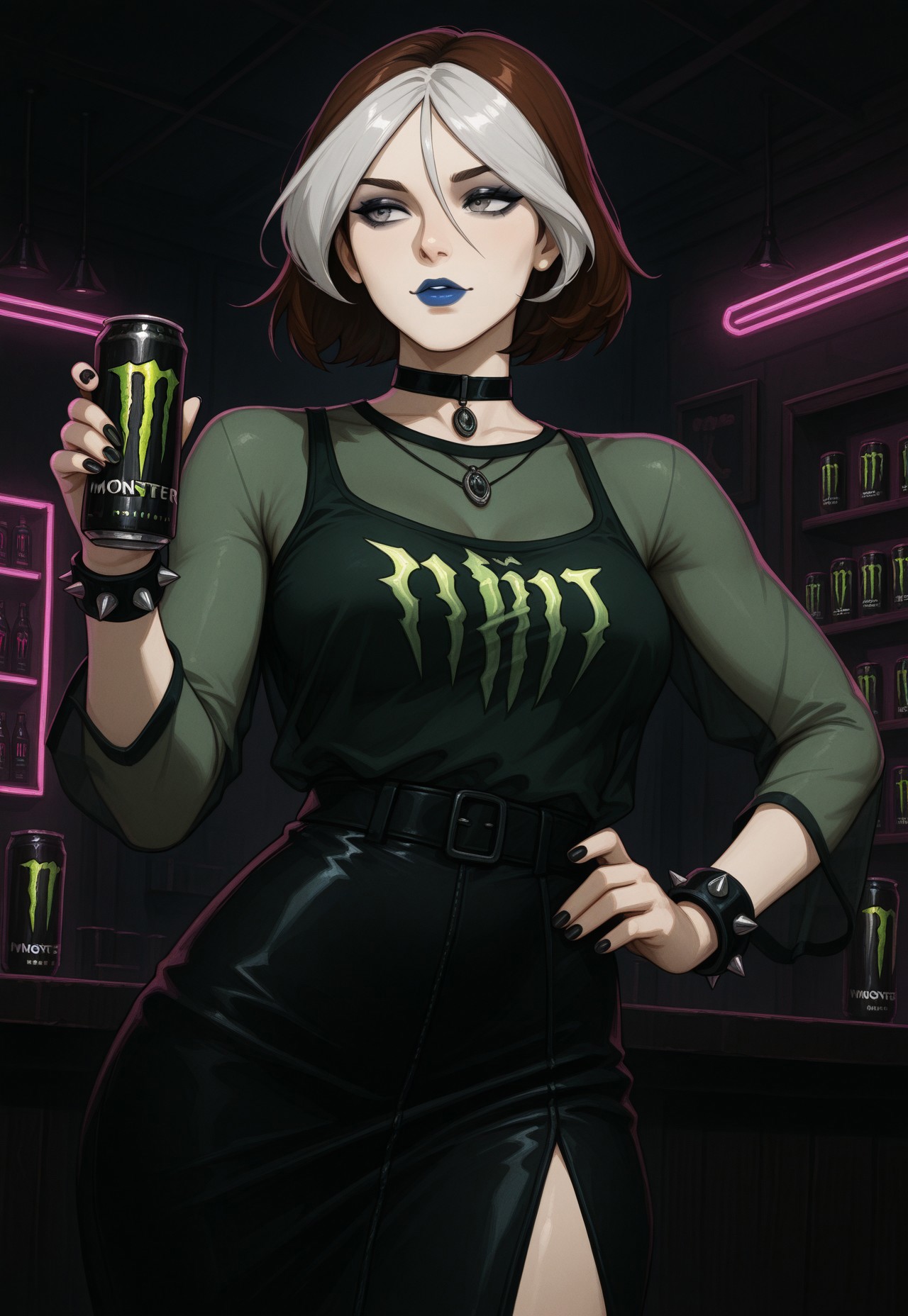 masterpiece, best quality, newest, absurdres, highres, traditional media, DFGPT, 1girl, solo, rogueill, short hair, two-tone hair, brown hair, silver hair, bangs, grey eyes, blue lips, makeup, tank top, skirt, pendant choker, spiked bracelet, black nails, green see-through shirt, holding can \(monster energy\), hand on hip, looking at the side. Indoors, night club, bar, neon lights. Dramatic lighting, dark lighting, dynamic angle, close shot, sharp shading, intricate details, uncensored.