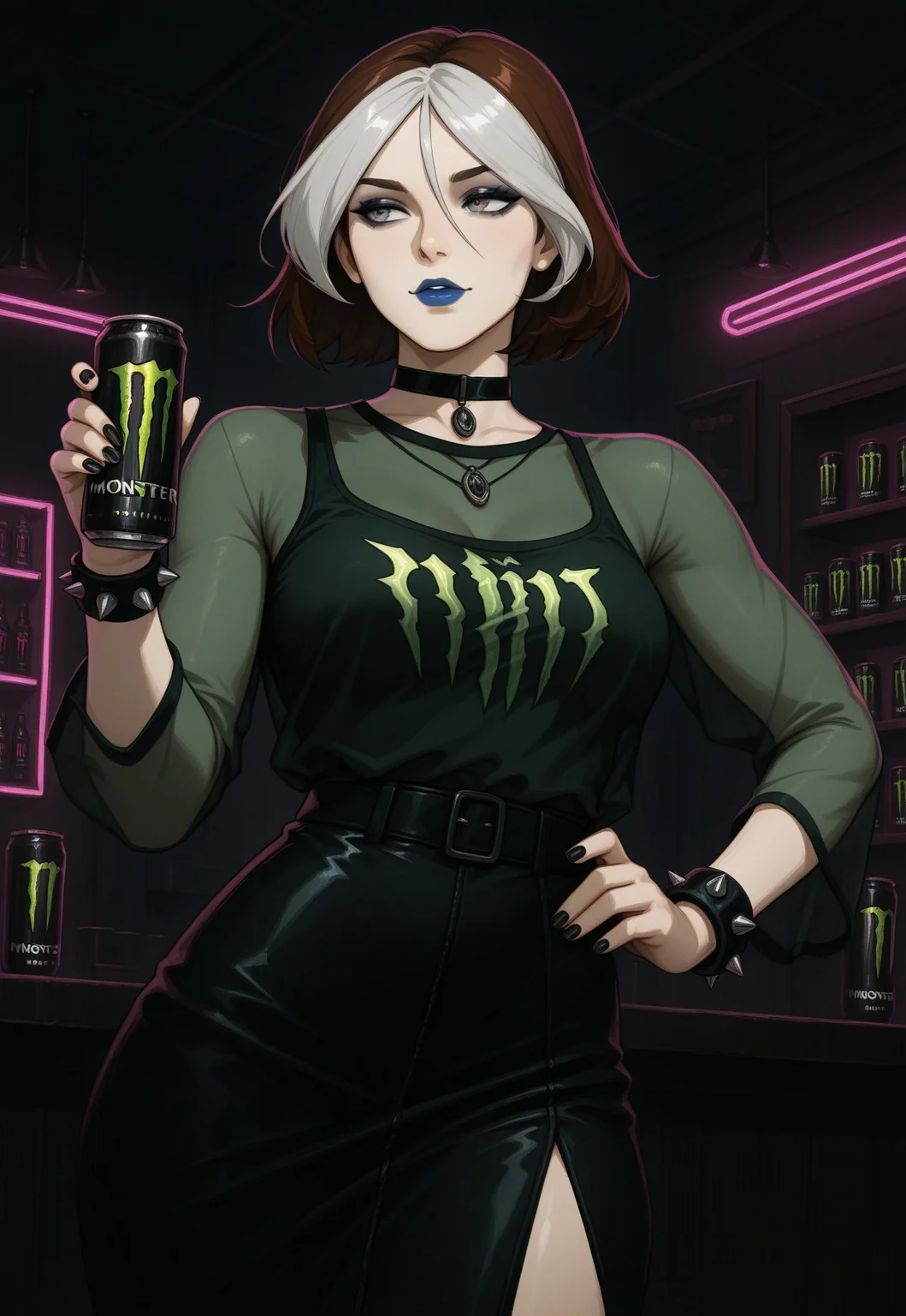 masterpiece, best quality, newest, absurdres, highres, traditional media, DFGPT, 1girl, solo, rogueill, short hair, two-tone hair, brown hair, silver hair, bangs, grey eyes, blue lips, makeup, tank top, skirt, pendant choker, spiked bracelet, black nails, green see-through shirt, holding can \(monster energy\), hand on hip, looking at the side. Indoors, night club, bar, neon lights. Dramatic lighting, dark lighting, dynamic angle, close shot, sharp shading, intricate details, uncensored.