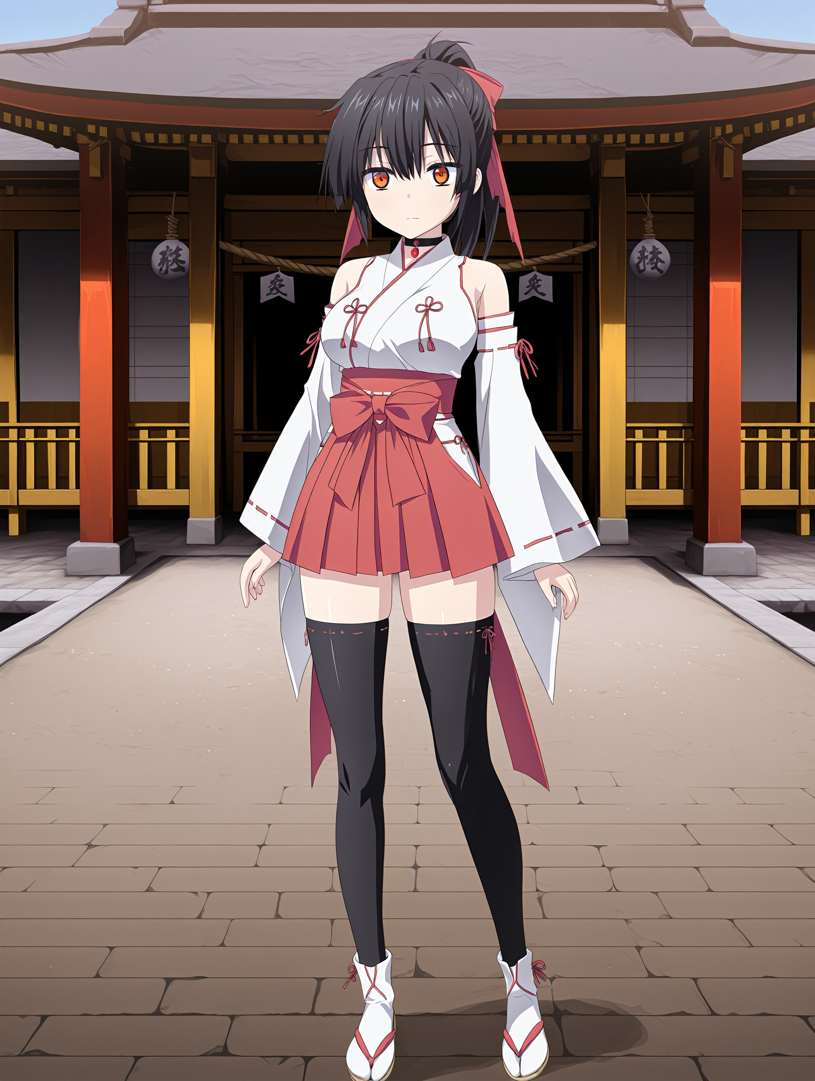 <lora:And_the_Hero_was_never_seen_again_Style_Illustrious:1> heroneverseenagain,
 <lora:Koyori_Amamiya:0.55> divinemikokoyori,black thighhighs,choker, miko outfit,black hair,
orange eyes,
1girl,solo,standing, full body, 
masterpiece,best quality,amazing quality,