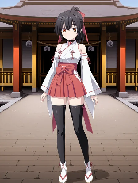<lora:And_the_Hero_was_never_seen_again_Style_Illustrious:1> heroneverseenagain,
<lora:Koyori_Amamiya:0.55> divinemikokoyori,black thighhighs,choker, miko outfit,black hair,
orange eyes,
1girl,solo,standing, full body,
masterpiece,best quality,amazing quality,