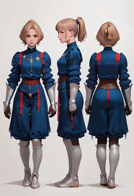masterpiece,best quality, highly detailed, score_9, score_8_up, score_7_up, score_6_up,front view, side view, back view, multiple views, reference sheet, full body,source_anime,
BREAK, simple background, white background, 1girl, small breasts, high ponytail, short hair, clothed, light brown hair, brown eyes, determined, voluptuous, Landsknecht, armor, knight, full body, blue clothes