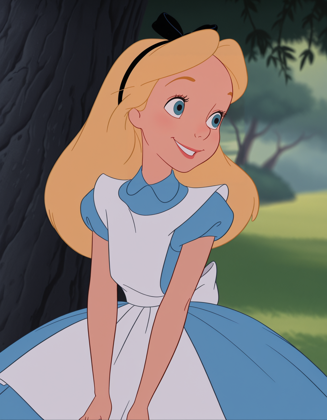 <lora:@CFG Scale Boost:0.2>
<lora:Illustrious - Disney Animation:0.8> disney animation,
<lora:Alice_-_Disney_Illustrious:0.9> masterpiece, best quality, amazing quality, very aesthetic, absurdres, depth of field, blurry background, extremely detailed face, detailed eyes, (official style:1.2), screencap, (1950s \(style\),
alicexd, Alice in Wonderland, 1girl, solo, blonde hair, long hair, blue eyes,
hairbow, blue dress, apron, back bow, white tights, white pantyhose, 
smile,
cowboy shot,