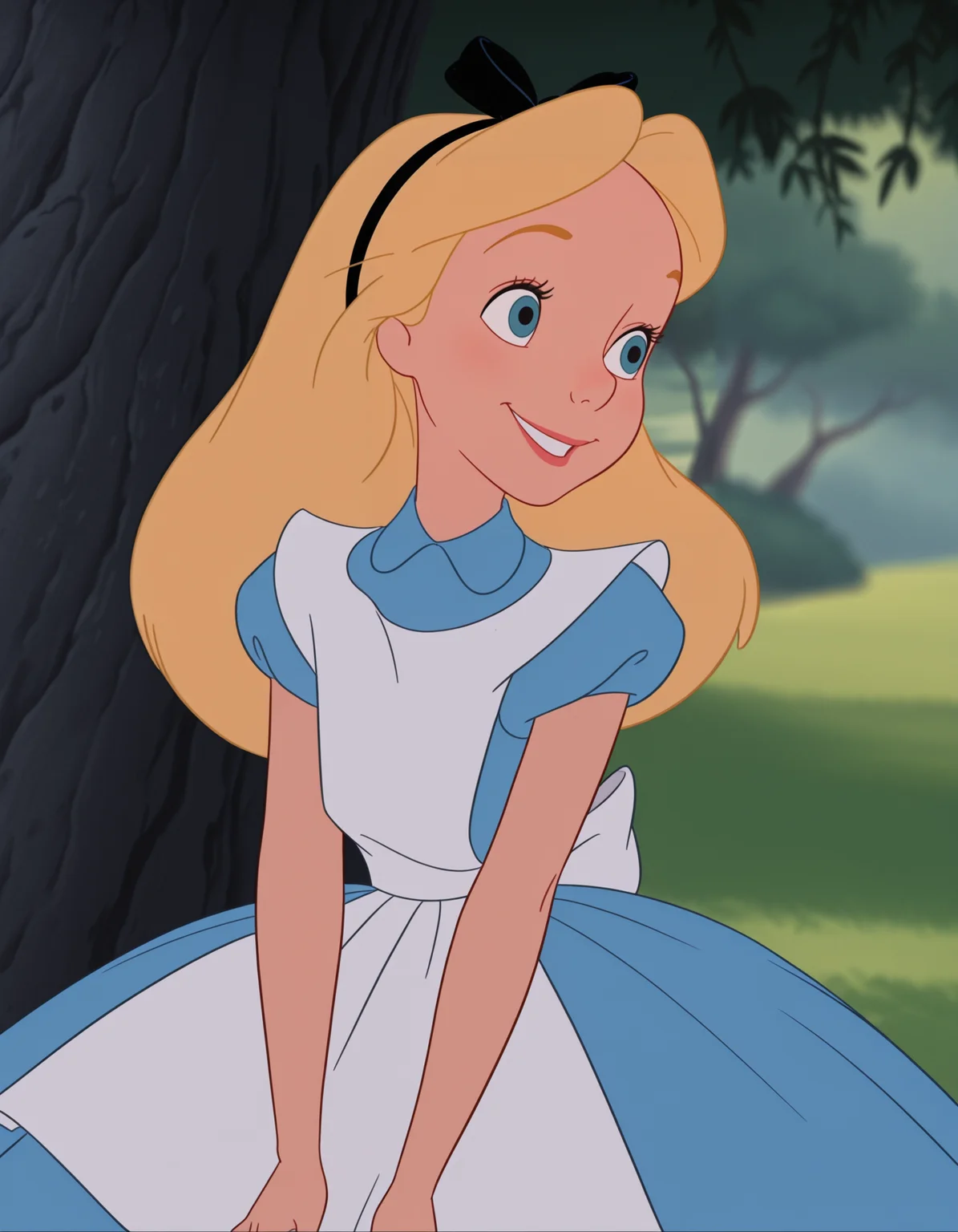 <lora:@CFG Scale Boost:0.2>
<lora:Illustrious - Disney Animation:0.8> disney animation,
<lora:Alice_-_Disney_Illustrious:0.9> masterpiece, best quality, amazing quality, very aesthetic, absurdres, depth of field, blurry background, extremely detailed face, detailed eyes, (official style:1.2), screencap, (1950s \(style\),
alicexd, Alice in Wonderland, 1girl, solo, blonde hair, long hair, blue eyes,
hairbow, blue dress, apron, back bow, white tights, white pantyhose, 
smile,
cowboy shot,