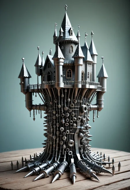 score_9, score_8_up, score_7_up, score_6_up, score_5_up, score_4_up, mysterious cute monster,surreal, detailed, bokeh, perfect balanced, deep fine borders,artistic photorealism, smooth, whole body view, (castle background), body made out of fasteners and leather, (funny horror theme, with spike head), spikey, game of thrones theme, fastenerswm, Fuel your creativity by using the Fasteners World Morph to generate your finest, most nutty, screwball art pieces. We're searching for images that truly tighten our bolts with ingenuity, humor, and stunning aesthetics.