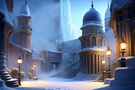 (masterpiece, best quality:1.2), Numenor, waterfall, medieval fantasy city, stairs, (street lamp:0.8), ice, snowing, morning, fog, professional lighting, 8k ultra detailed, photorealistic, cinematic shot <lora:Numenor:0.7> <lora:RealmsOfIce:0.7> <lora:add_detail:0.8>